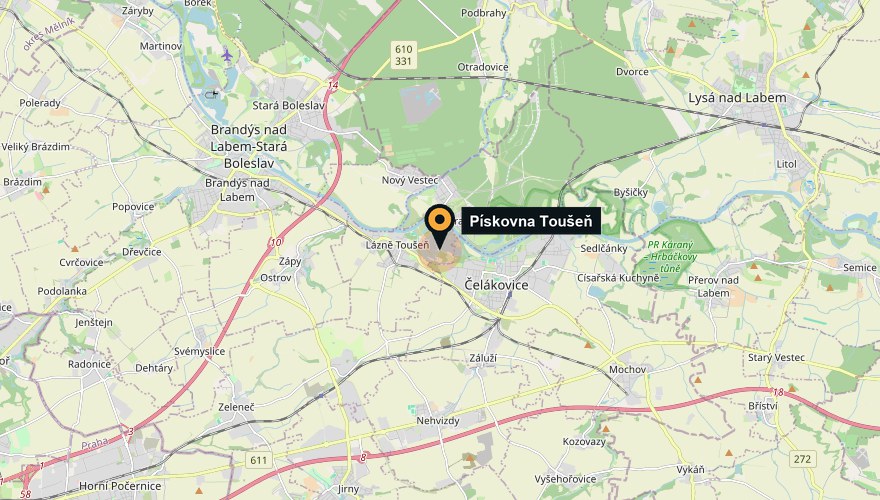 Mapa: Pískovna Toušeň u Lázní Toušeně mezi Brandýsem nad Labem a Čelákovicemi